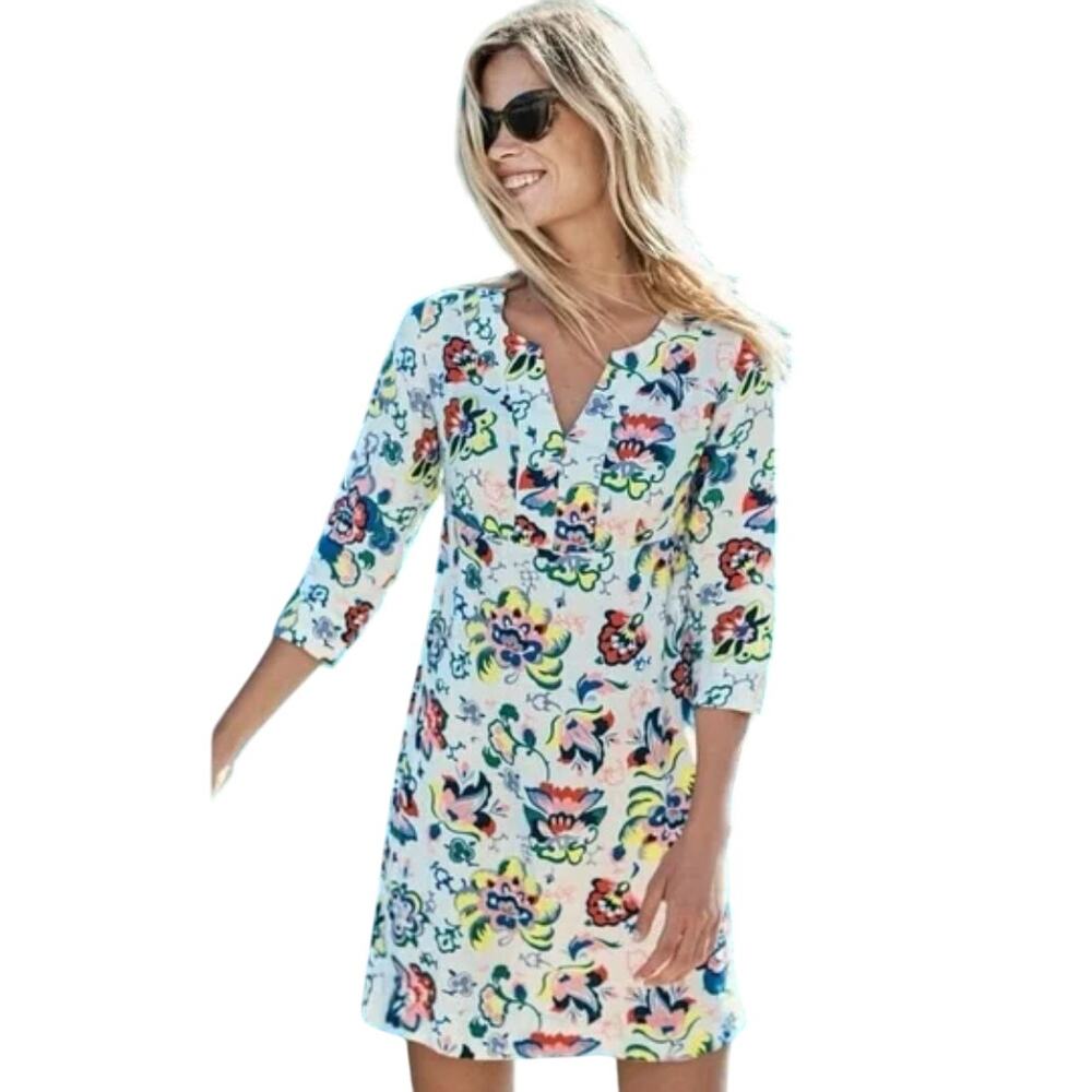 Boden white multicolor floral 1/2 sleeve v-neck shift dress 100% linen size 6